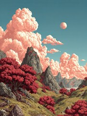 オレンジ色の空と赤い木々のある日本の背景。