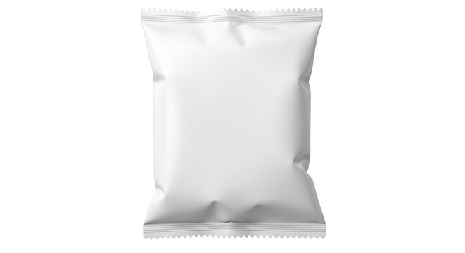 Blank white flow pack mockup for food packaging products isolated on transparent background