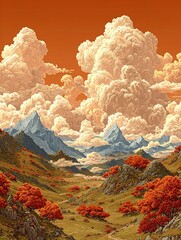 オレンジ色の空と赤い木々のある日本の背景。