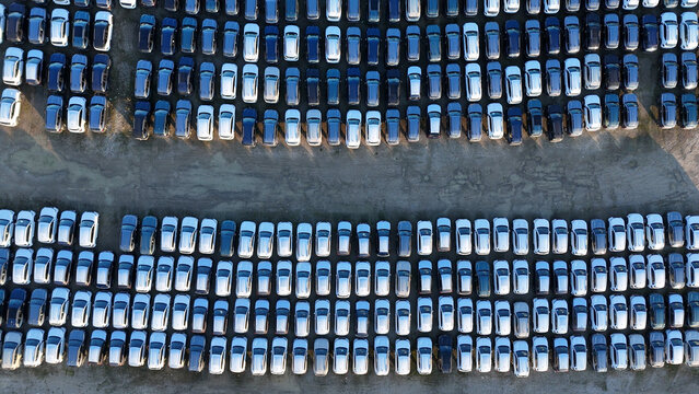 Top down aerial of car storage, logistics oprations and supply chain