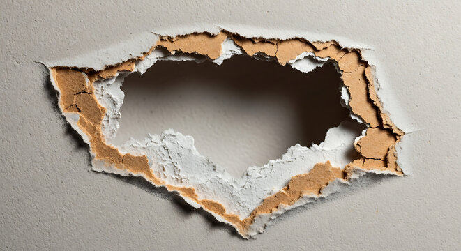 Detailed close up view of a punctured hole in a textured drywall surface revealing torn paper layers and white gypsum core material concept for home renovation maintenance repair and patching