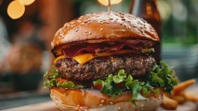 Delicious stacked burger on a wooden table in a restaurant.
