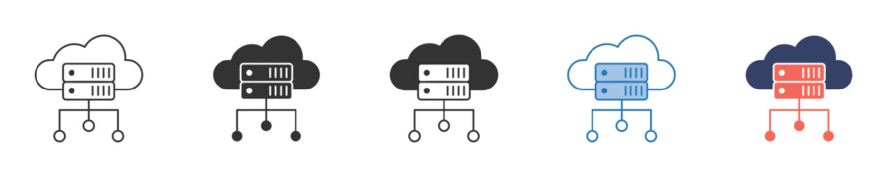 Cloud server network icon set showcasing data storage, computing, and digital infrastructure services for modern technology solutions and online connectivity