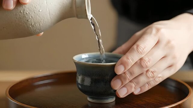 Pouring Chilled Japanese Sake from Ceramic Flask into Traditional Small Cup