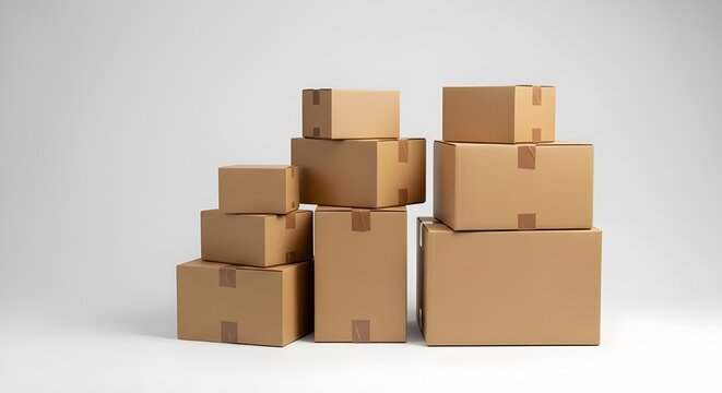 Stack of various sized cardboard boxes on a plain background for shipping or storage