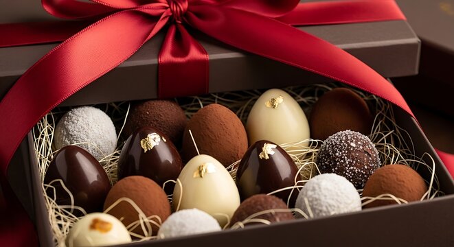 Luxury Chocolate Gift Box with Red Ribbon and Gold Leaf