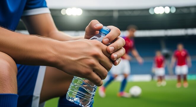 Soccer Player Resting with Water Bottle on Stadium Field