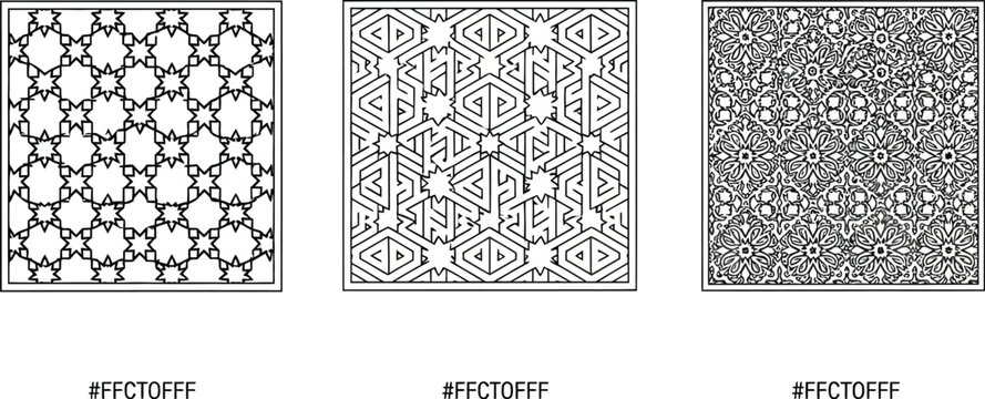 Three intricate geometric pattern samples display interlocking tessellation designs suitable for background textures.