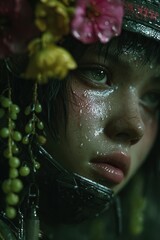 シュールな草原に緑のブドウを垂らした少女。