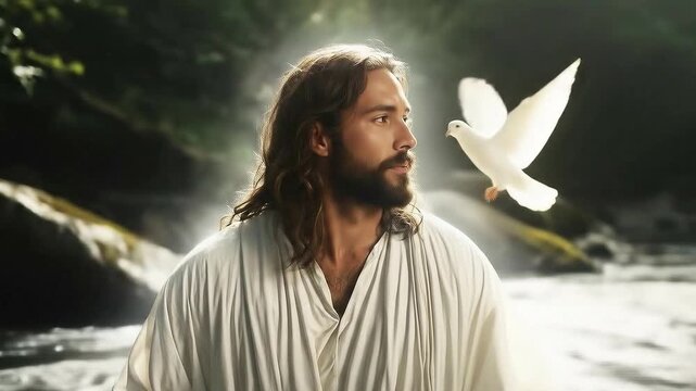 Baptism of Jesus Christ in Jordan river scene, where the sky opened, and the Spirit of God coming down on him like a dove. Biblical theme concept.