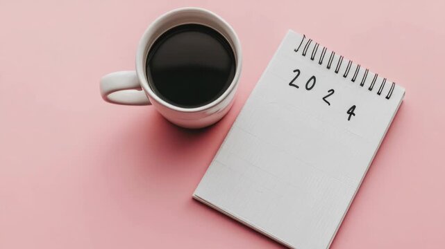 A coffee cup with a notebook for planning the year 2024 on a pink surface.