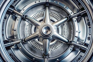 Naklejka premium Close-up view of polished washing machine drum interior with reflective perforated metal surface and symmetrical star-shaped support arms, modern appliance engineering