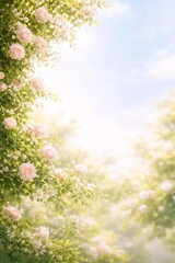 Whimsical Rose Branch Side Frame Background with Sky Copyspace