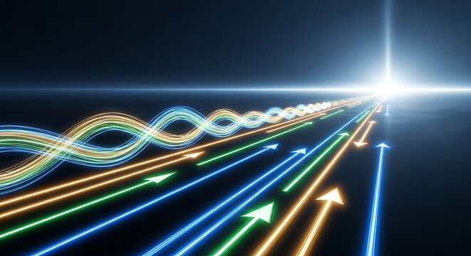 Vibrant glowing arrow light trail converging toward a luminous horizon symbolizing successful business strategy visionary teamwork and corporate growth direction in a digital abstract landscape