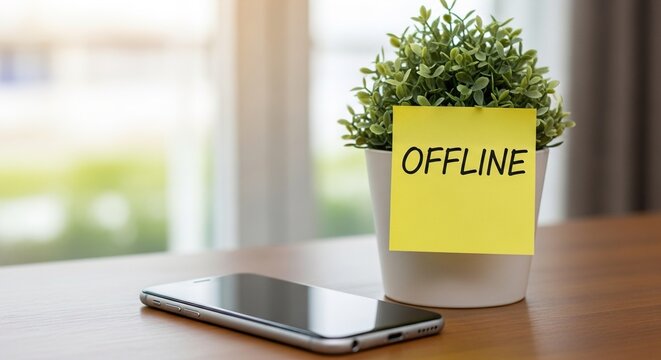 Concept of digital detox or disconnection represented by a smartphone resting near a potted plant with an offline reminder note attached