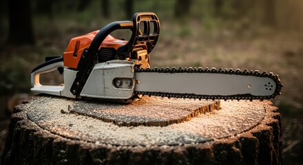 Naklejka premium Chainsaw on tree stump in forest at sunset with sawdust, highlighting power tools and logging equipment in nature setting
