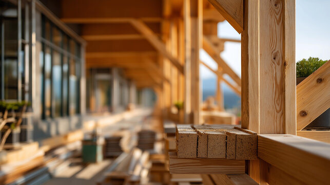 Eco-friendly mass timber building structure, defocused strong glulam wood beams and columns under construction, modern architecture and sustainable design, with copy space