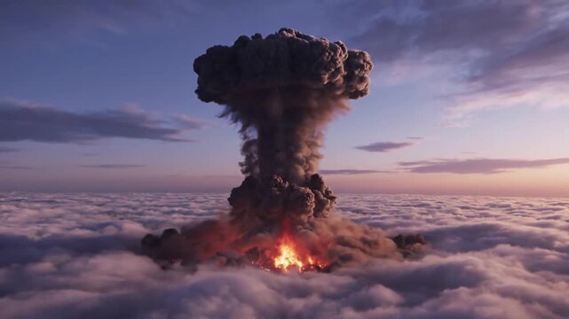 Massive nuclear explosion mushroom cloud rising above clouds at sunset