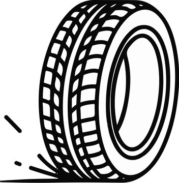 A black and white outline drawing of a car tire with tread marks