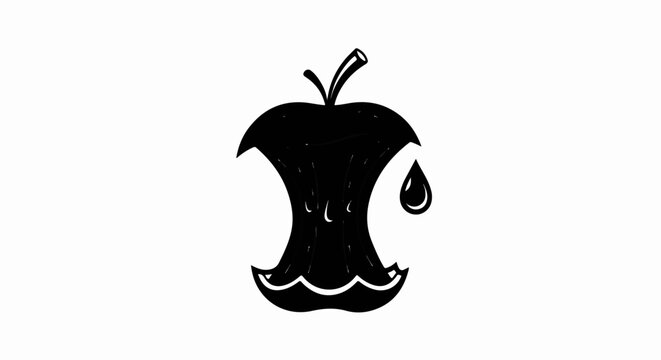 A black and white illustration of an apple core with a single drop of liquid