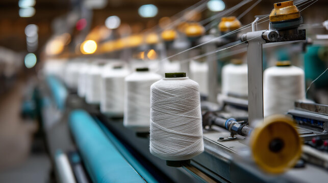 Automated textile factory production line, defocused numerous white yarn spools unwinding on modern machinery, efficient industrial manufacturing highlighting, with copy space