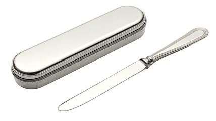 Shiny silver letter opener and case with rounded edges, on black background