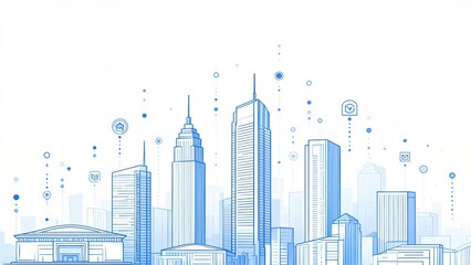 Fototapeta premium Blue line art of city skyline with icons