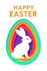 Fototapeta premium Happy Easter bunny in layered paper cut colorful egg