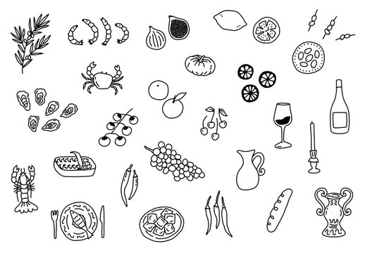 Mediterranean food doodle set with seafood and wine icons featuring italian dinner line art decoration