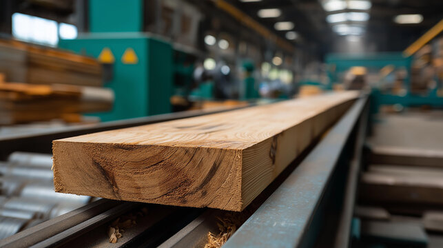 Hardwood flooring planks moving along conveyor belt, defocused modern wood processing factory, industrial manufacturing of wooden floorboards, with copy space