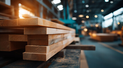 Stacks of freshly cut timber planks, defocused organized on pallets in large industrial warehouse or sawmill, construction and manufacturing supply, with copy space