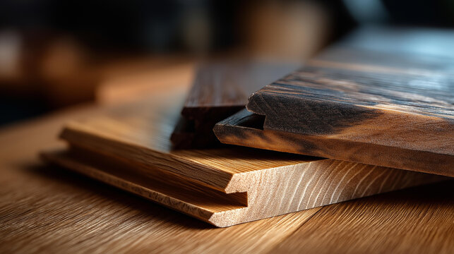 Close-up engineered hardwood flooring samples, defocused dark and light wood grains showcasing, tongue and groove profiles, home renovation, with copy space
