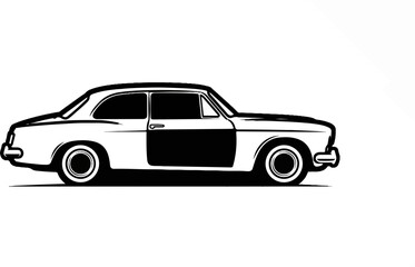 A black and white silhouette of a vintage two-door sedan car
