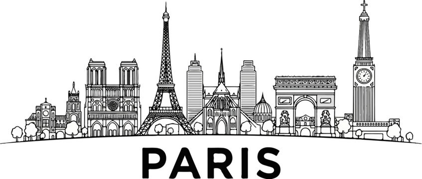 A black and white outline sketch of the Paris skyline with notable landmarks
