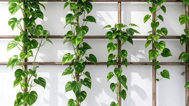 Green heart-shaped leaves of a climbing plant cascade down a wooden trellis against a white background.