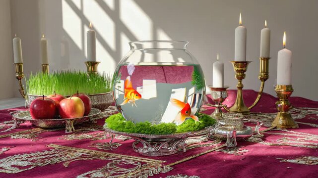 Goldfish Swimming in Bowl with Sabzeh, Apples, and Candles for Nowruz Celebration