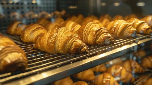 A row of freshly baked croissants on a metal rack inside an oven, with the light shining on them and the background slightly blurred due to depth of field.
