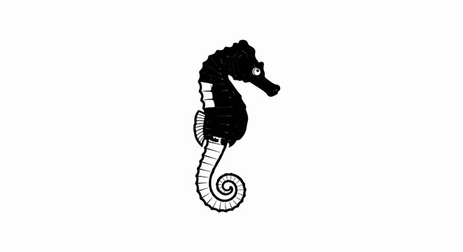 A black seahorse with a coiled tail on a white background