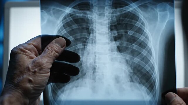 Medical professional examining human chest X-ray image