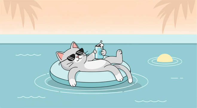 A cat lounges in a pool on a float with a drink, wearing sunglasses