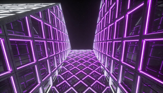 Lattice structure with geometric pattern and neon lighting, parametric architecture, 3D rendering
