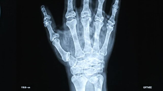 Multiple human X-ray images showing skull, hand, and foot bones