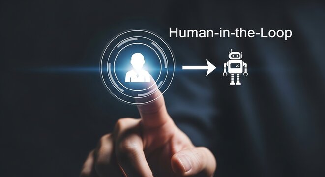 Businessman's finger touching a glowing digital interface symbolizing the concept of human in the loop interaction transitioning data toward artificial intelligence automation and robotics processing