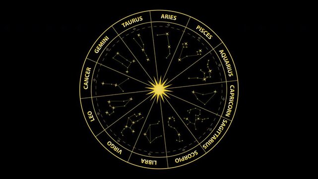 Golden zodiac wheel animation with 12 astrological constellation signs and fade-in effect. Luxury astrology overlay on alpha channel BG, ideal for horoscope, spiritual, cosmic and astrology projects