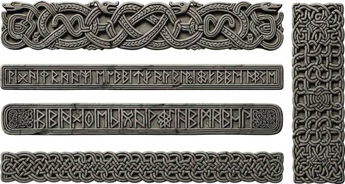 Ornate grey stone carvings feature Viking knotwork designs and ancient runic inscriptions presented as decorative borders.