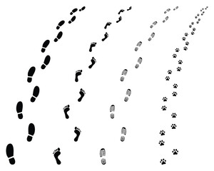 Trail of human bare footstep, shoes and dog paws, turn right or left