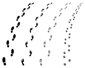 Trail of human bare footstep, shoes and dog paws, turn right or left
