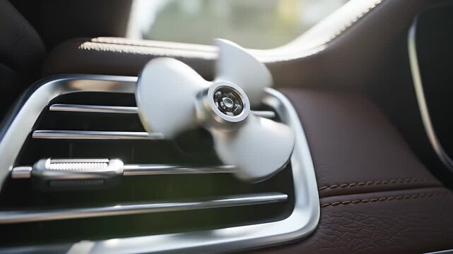 Propeller car air freshener on vent in luxurious car interior