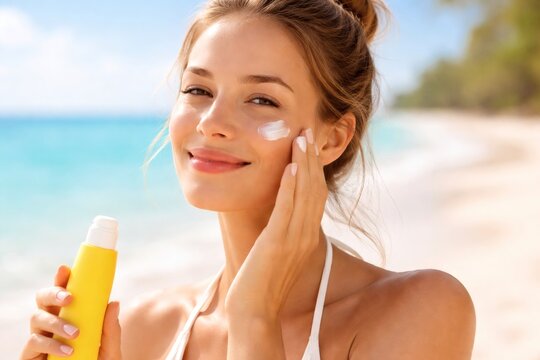 Woman applying sun protection lotion to cheek while holding sunscreen bottle on sandy beach near sea.