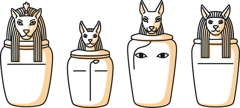 Four ancient Egyptian canopic jars are depicted featuring lids shaped like the heads of protective deities.